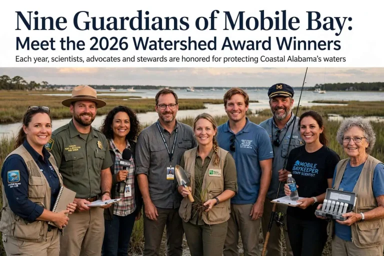 Illustration for the news story: Nine Guardians of Mobile Bay: Meet the 2026 Watershed Award Winners