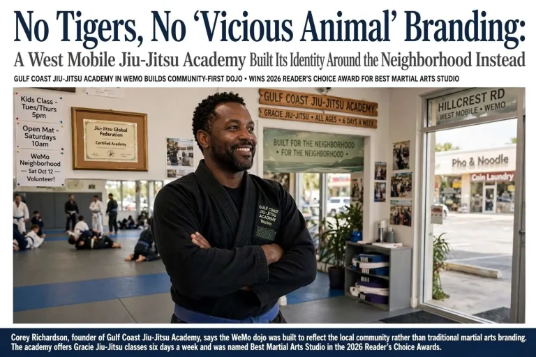 Illustration for the news story: No Tigers, No ‘Vicious Animal’ Branding: A West Mobile Jiu-Jitsu Academy Built Its Identity Around the Neighborhood Instead