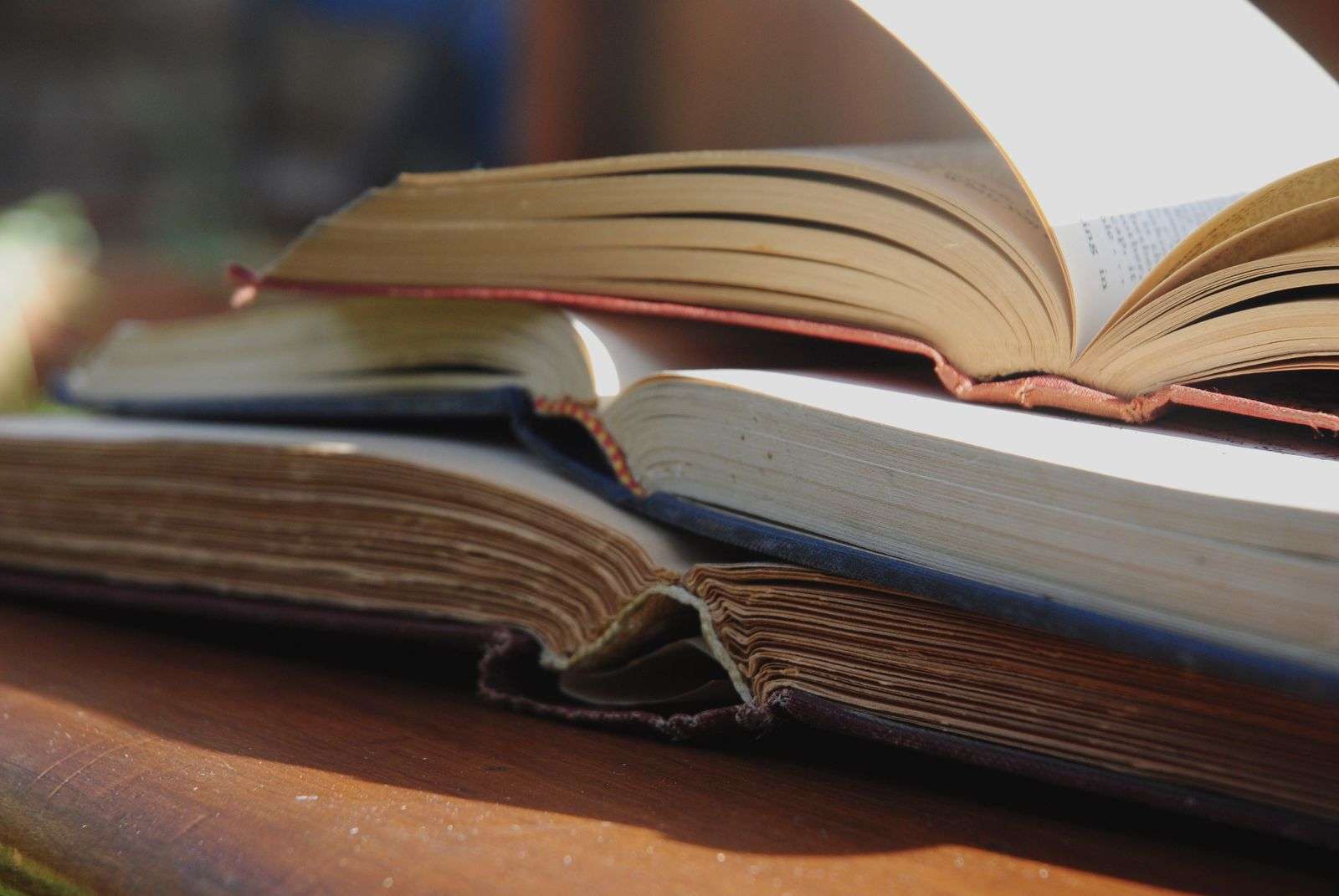Open novels stacked on a wooden table, evoking author Ravi Howard's historical fiction rooted in Mobile