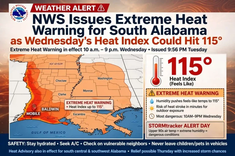Illustration for the news story: NWS Issues Extreme Heat Warning for South Alabama as Wednesday’s Heat Index Could Hit 115