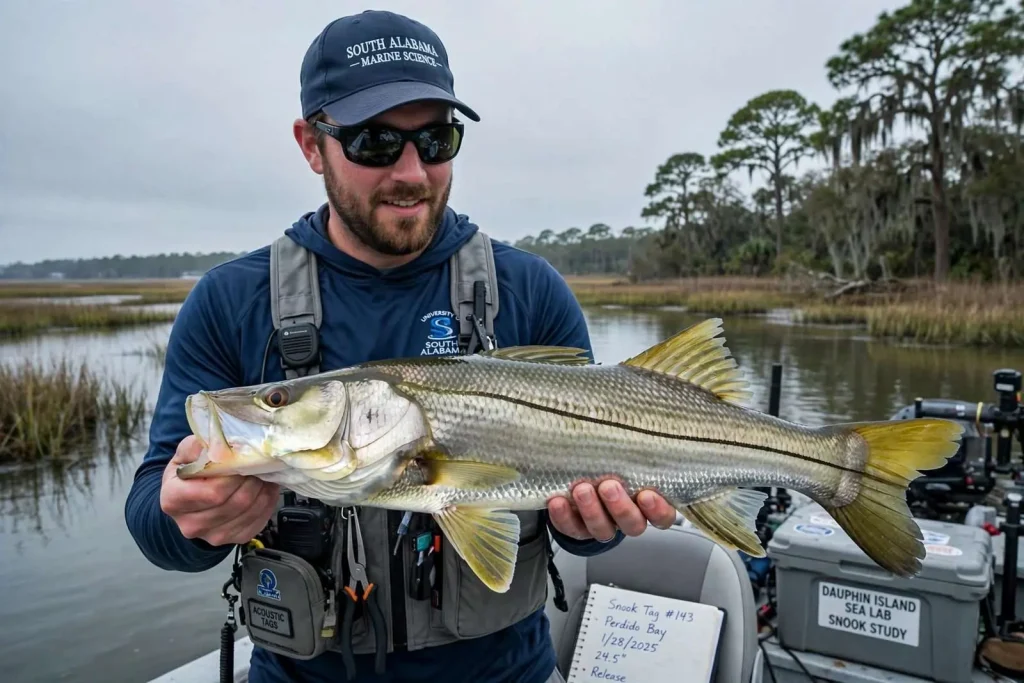 Illustration for the news story: Once a Florida Fish, Snook Are Now Showing Up All Over Coastal Alabama