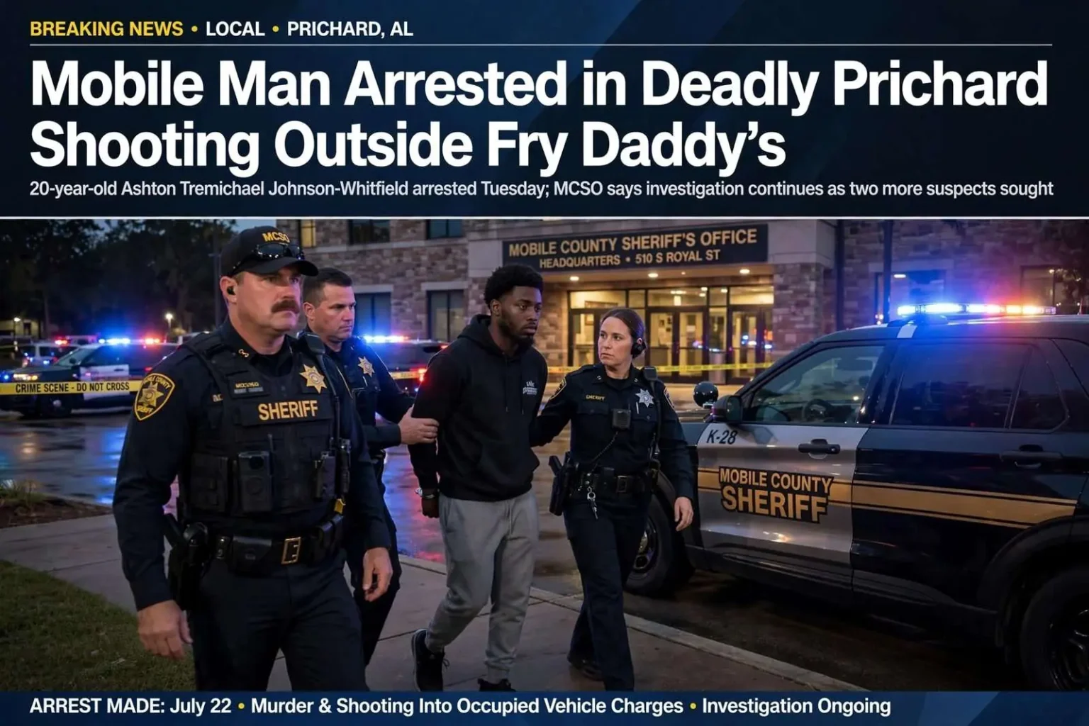 Illustration for the news story: Mobile Man Arrested in Deadly Prichard Shooting Outside Fry Daddy’s