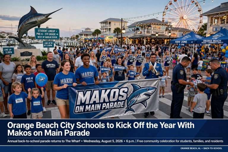 Illustration for the news story: Orange Beach City Schools to Kick Off the Year With Makos on Main Parade