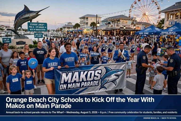 Illustration for the news story: Orange Beach City Schools to Kick Off the Year With Makos on Main Parade