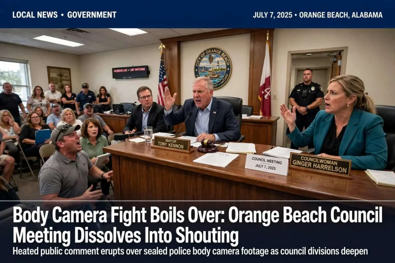 Illustration for the news story: Body Camera Fight Boils Over: Orange Beach Council Meeting Dissolves Into Shouting