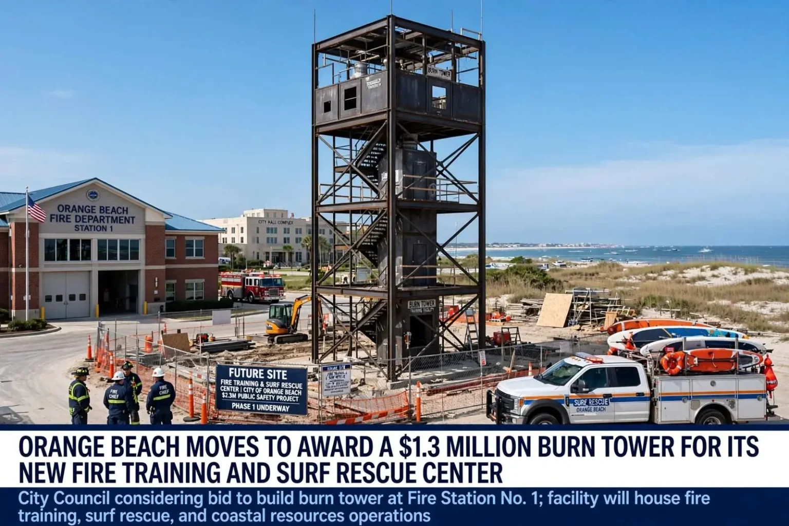 Illustration for the news story: Orange Beach Moves to Award a $1.3 Million Burn Tower for Its New Fire Training and Surf Rescue Center