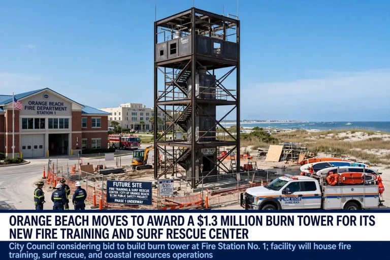 Illustration for the news story: Orange Beach Moves to Award a $1.3 Million Burn Tower for Its New Fire Training and Surf Rescue Center