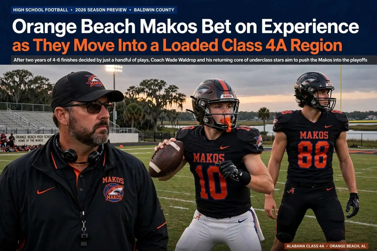 Illustration for the news story: Orange Beach Makos Bet on Experience as They Move Into a Loaded Class 4A Region