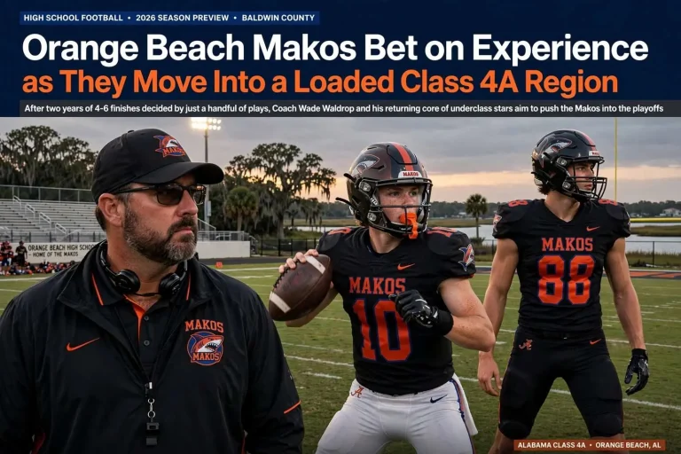 Illustration for the news story: Orange Beach Makos Bet on Experience as They Move Into a Loaded Class 4A Region