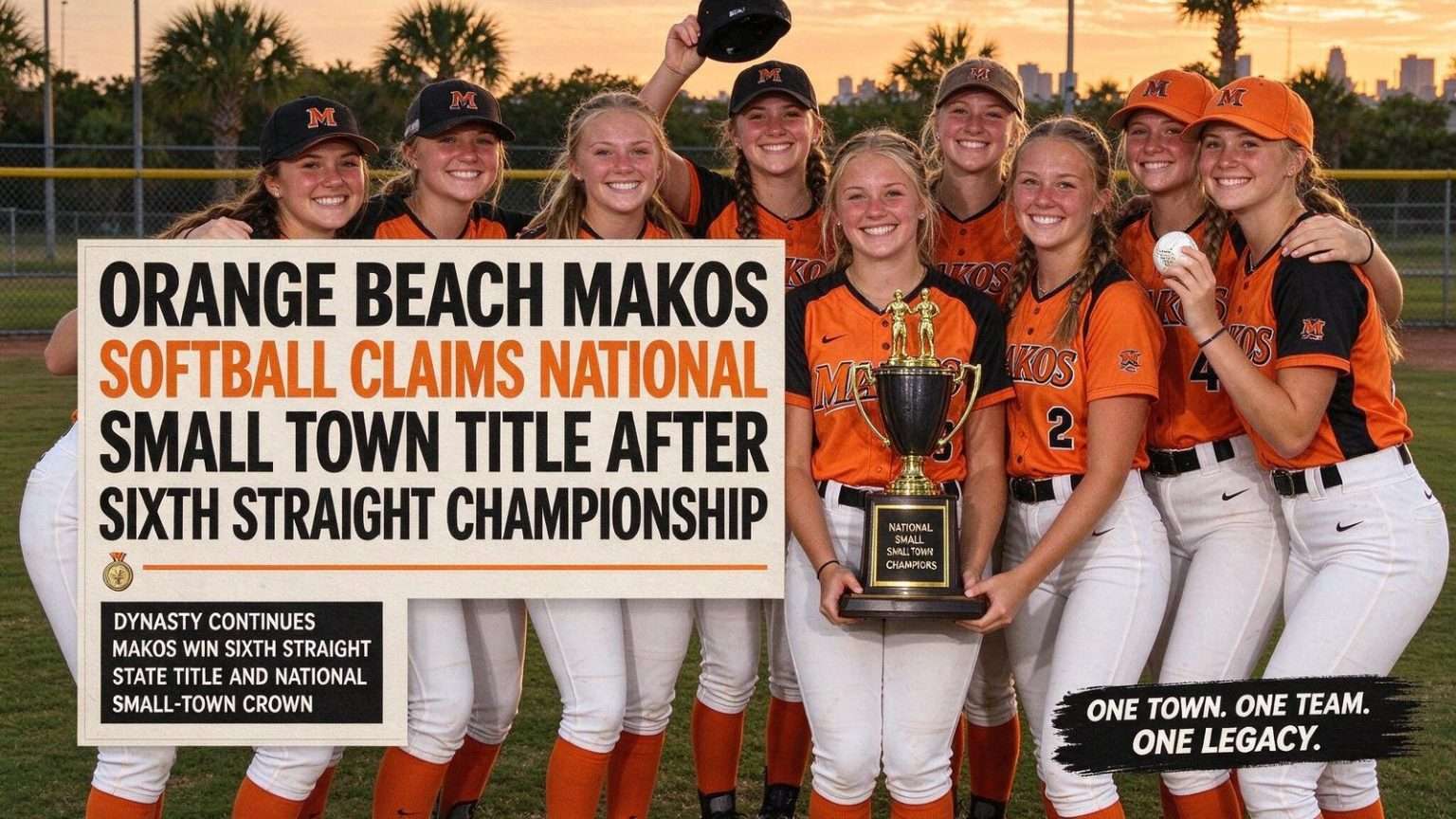 Illustration for the news story: Orange Beach Makos Softball Claims National Small Town Title After Sixth Straight Championship