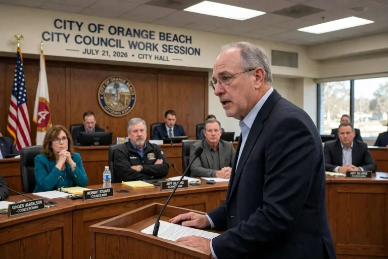Illustration for the news story: Orange Beach Mayor Tony Kennon Apologizes to City Council as Meetings Turn Calmer