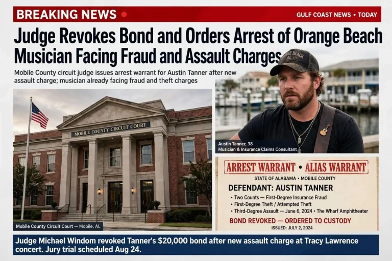Illustration for the news story: Judge Revokes Bond and Orders Arrest of Orange Beach Musician Facing Fraud and Assault Charges
