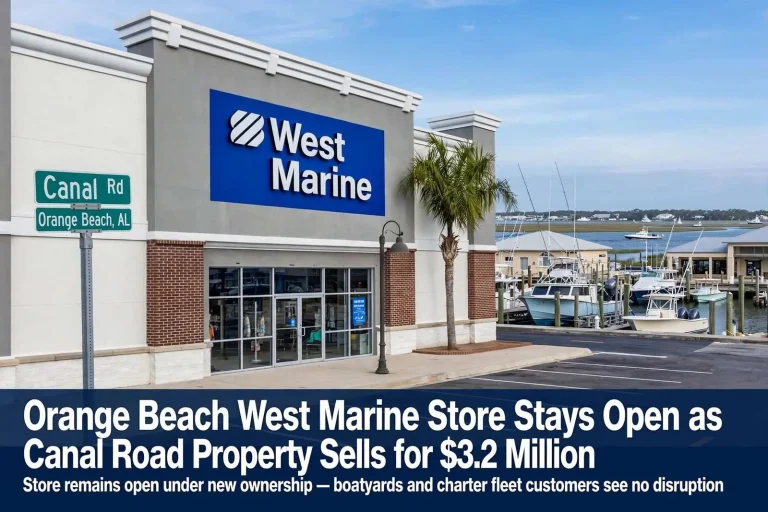 Illustration for the news story: Orange Beach West Marine Store Stays Open as Canal Road Property Sells for $3.2 Million
