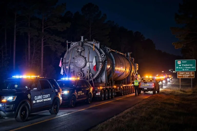 Illustration for the news story: Oversized ‘Superloads’ Rolled Through Clarke County Overnight, Escorted Mile by Mile From a Jackson Barge Landing
