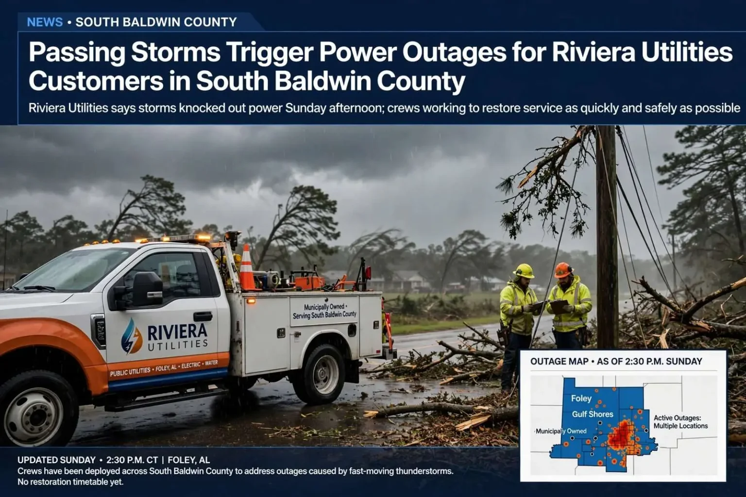 Illustration for the news story: Passing Storms Trigger Power Outages for Riviera Utilities Customers in South Baldwin County