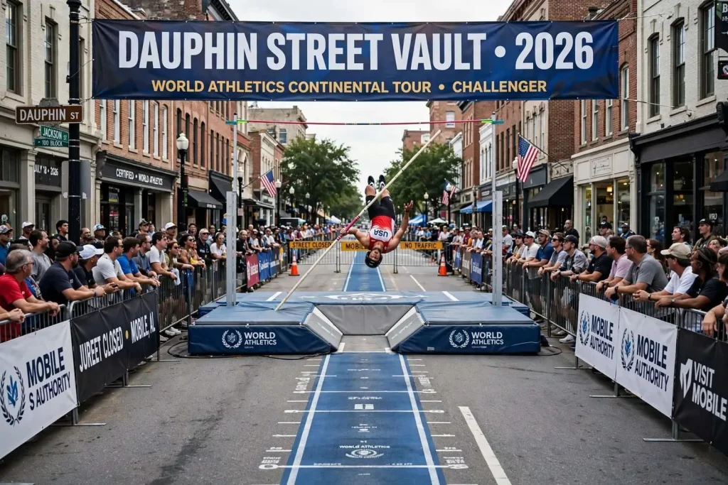Illustration for the news story: Pole Vaulters Will Compete in the Middle of a Closed-Off Downtown Mobile Street Now That World Athletics Has Signed Off