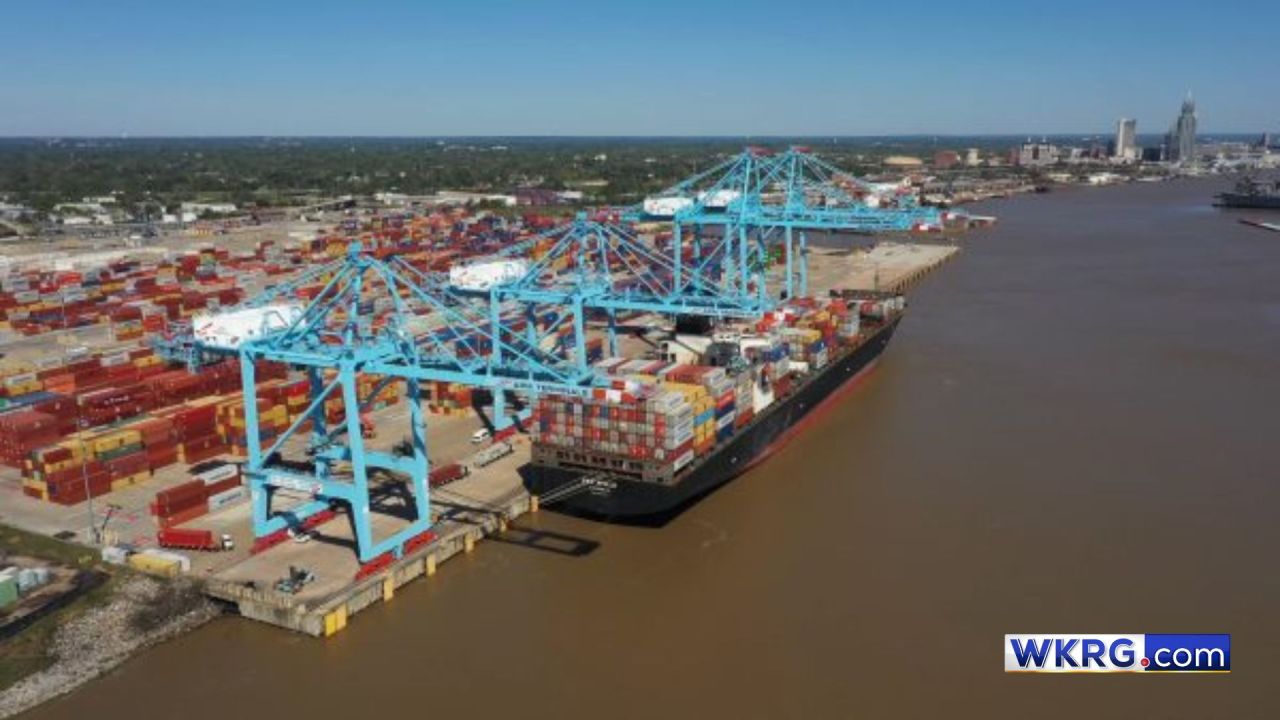 Shipping cranes and cargo terminals along the Port of Mobile on the Mobile River