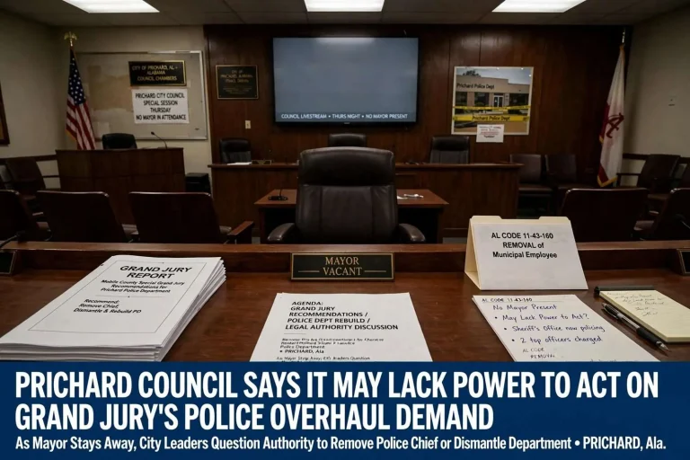 Illustration for the news story: Prichard Council Says It May Lack Power to Act on Grand Jury’s Police Overhaul Demand as Mayor Stays Away