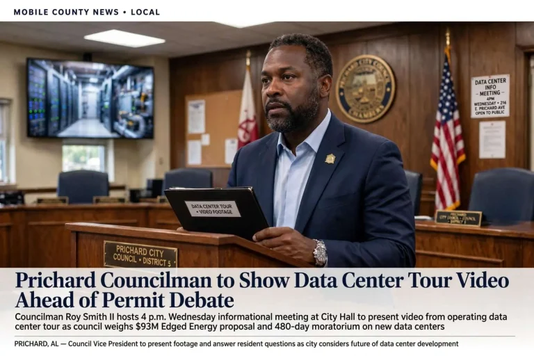 Illustration for the news story: Prichard Councilman to Show Data Center Tour Video Ahead of Permit Debate