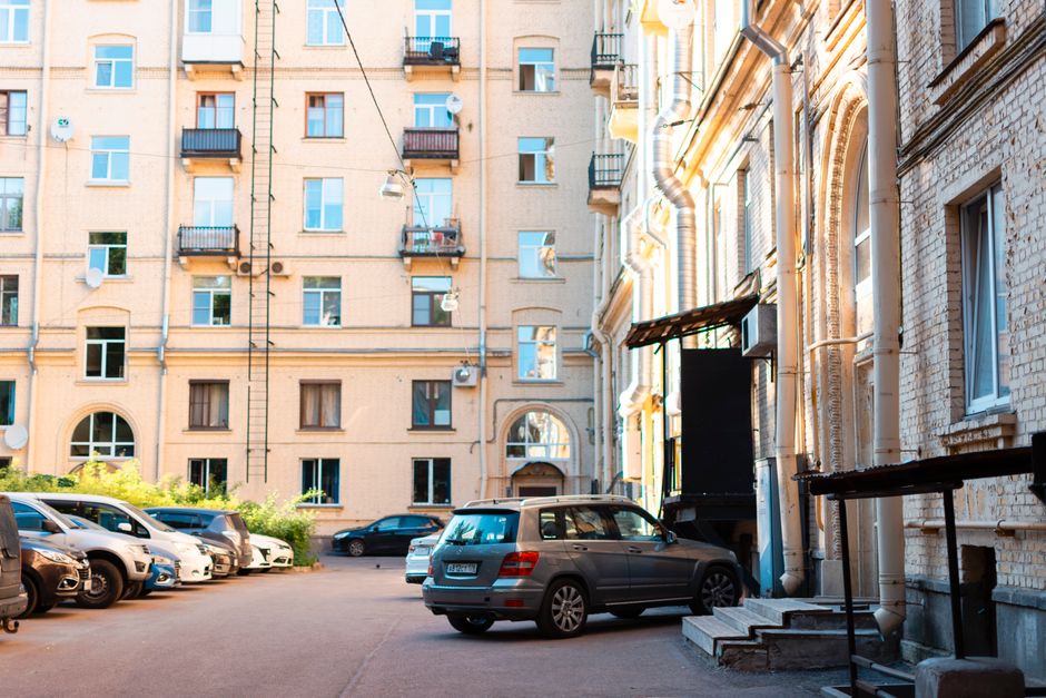 A parking lot outside a residential apartment complex