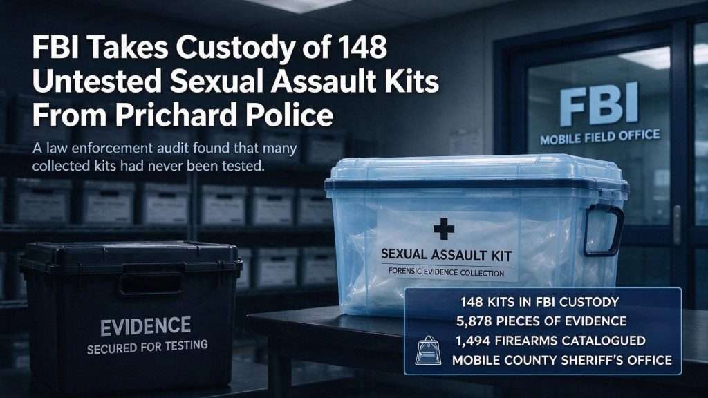 Illustration for the news story: FBI Takes Custody of 148 Untested Sexual Assault Kits From Prichard Police