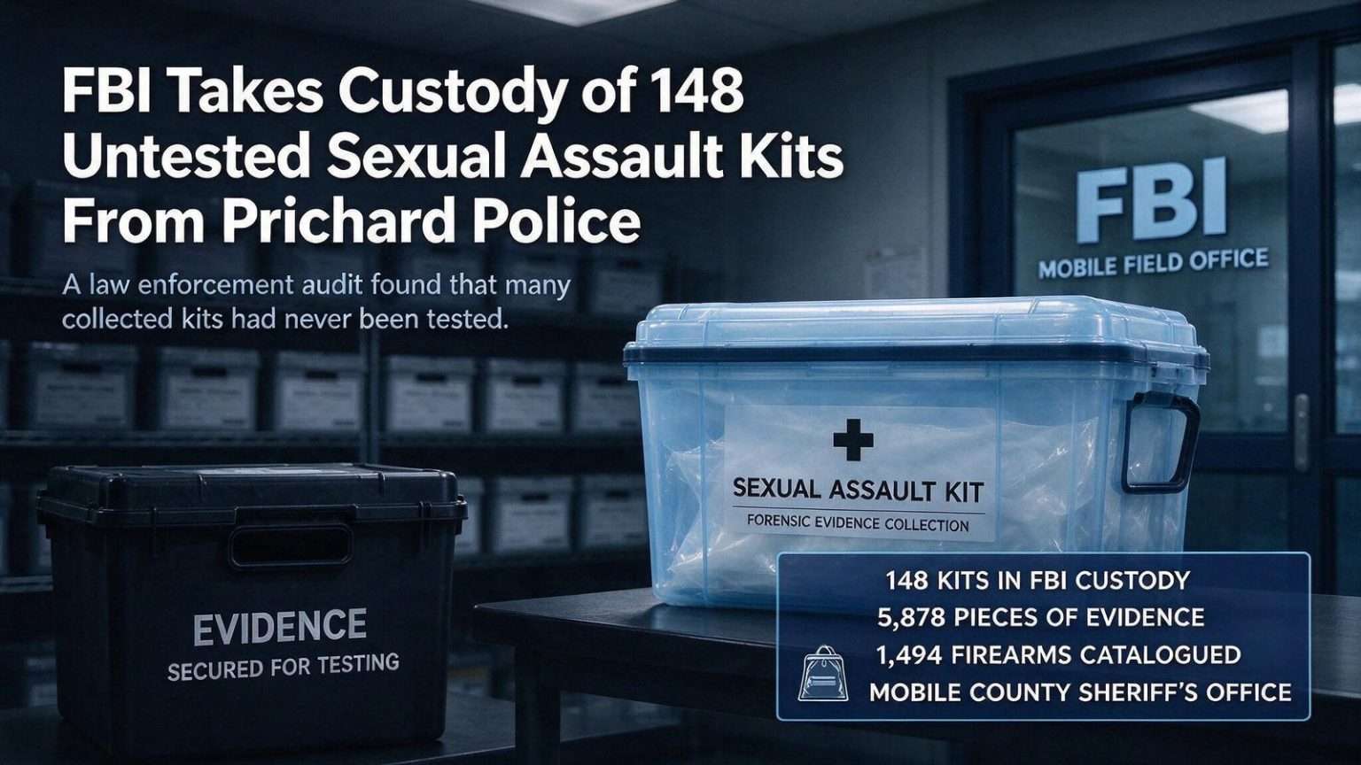 Illustration for the news story: FBI Takes Custody of 148 Untested Sexual Assault Kits From Prichard Police