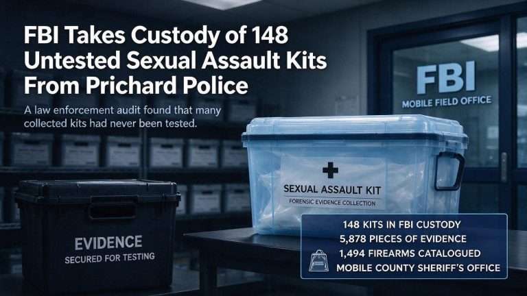 Illustration for the news story: FBI Takes Custody of 148 Untested Sexual Assault Kits From Prichard Police