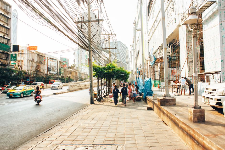 Sidewalk and drainage infrastructure in an urban neighborhood