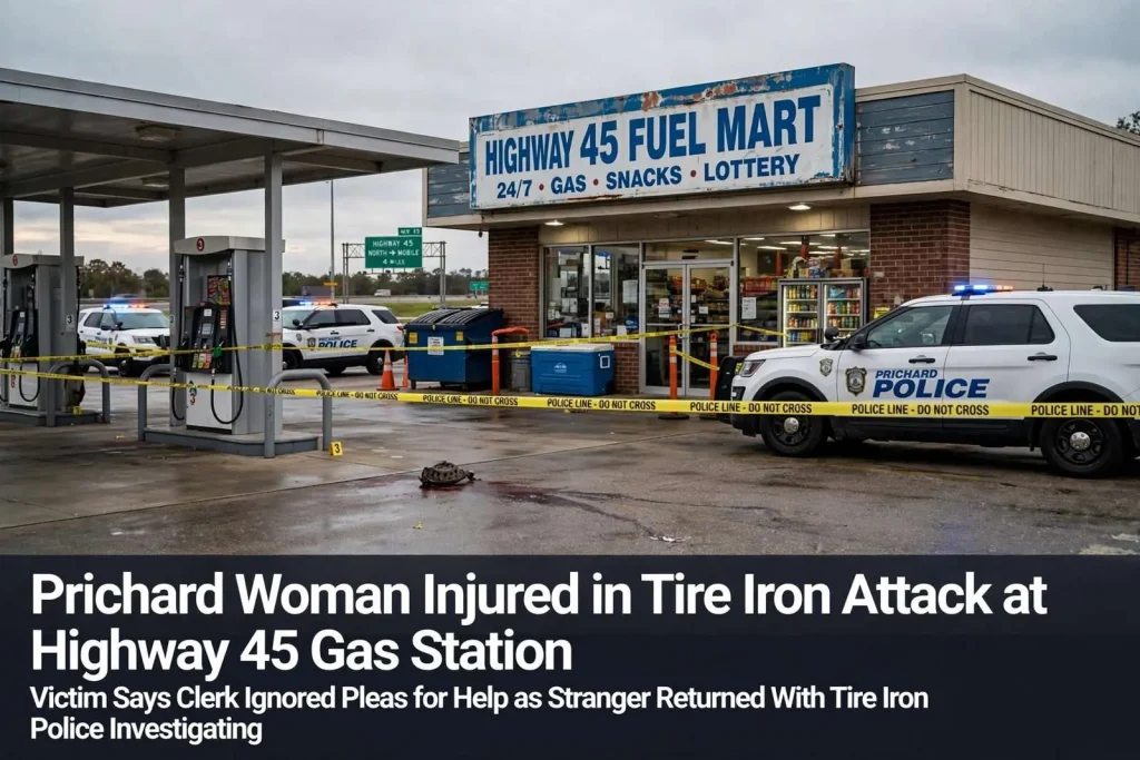 Illustration for the news story: Prichard Woman Injured in Tire Iron Attack at Highway 45 Gas Station, Says Clerk Ignored Pleas for Help