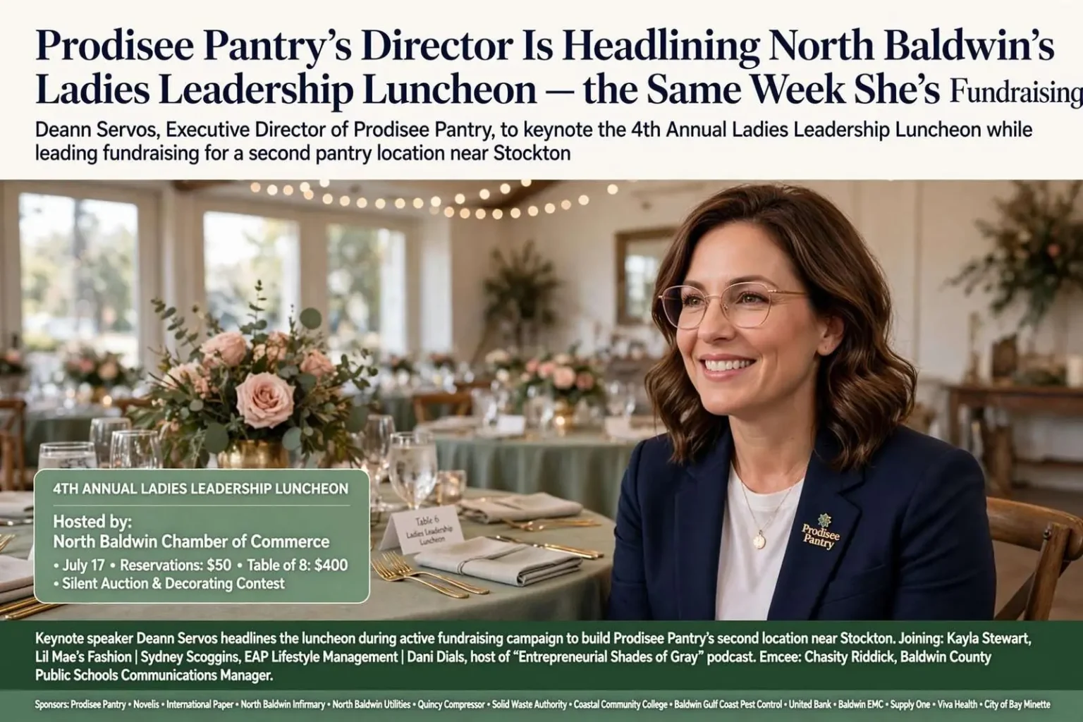 Illustration for the news story: Prodisee Pantry’s Director Is Headlining North Baldwin’s Ladies Leadership Luncheon — the Same Week She’s Fundraising for a Second Location
