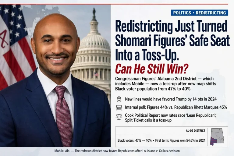 Illustration for the news story: Redistricting Just Turned Shomari Figures’ Safe Seat Into a Toss-Up. Can He Still Win?