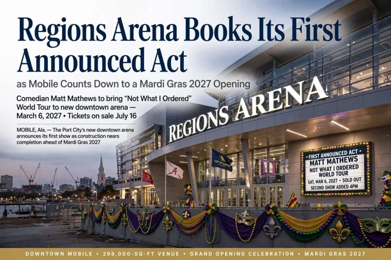 Illustration for the news story: Regions Arena Books Its First Announced Act as Mobile Counts Down to a Mardi Gras 2027 Opening