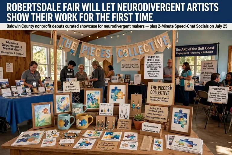 Illustration for the news story: Robertsdale Fair Will Let Neurodivergent Artists Show Their Work for the First Time, Then Send Guests Into 2-Minute Speed-Chat Socials
