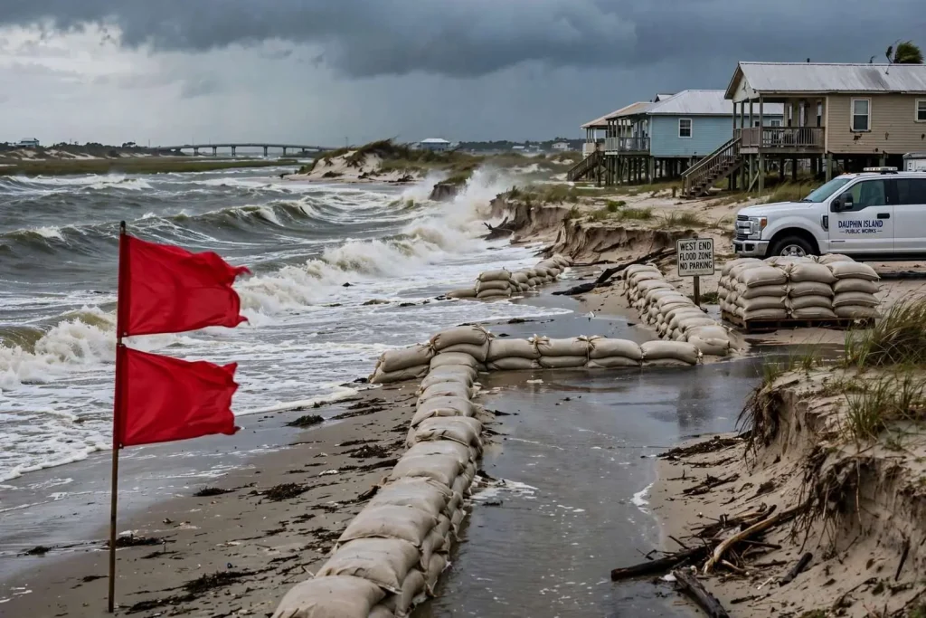 Illustration for the news story: Rough Surf From Bertha Puts Dauphin Island’s Erosion Fight Back in the Spotlight