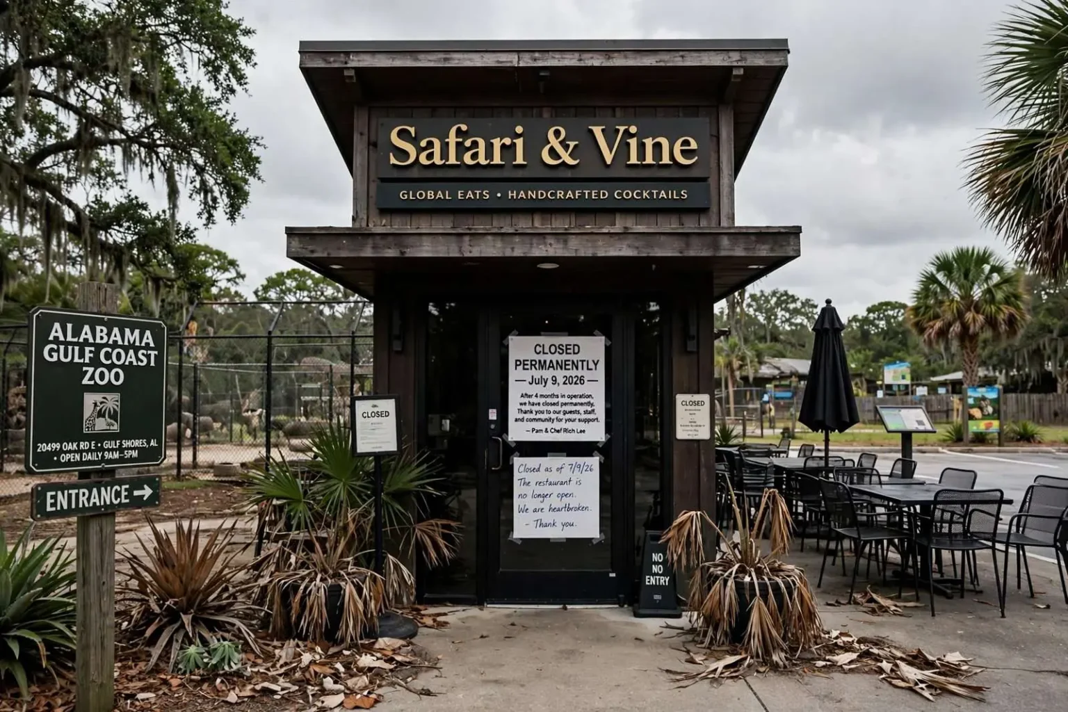 Illustration for the news story: Third Restaurant Fails at the Alabama Gulf Coast Zoo as Safari & Vine Closes Mid-Season