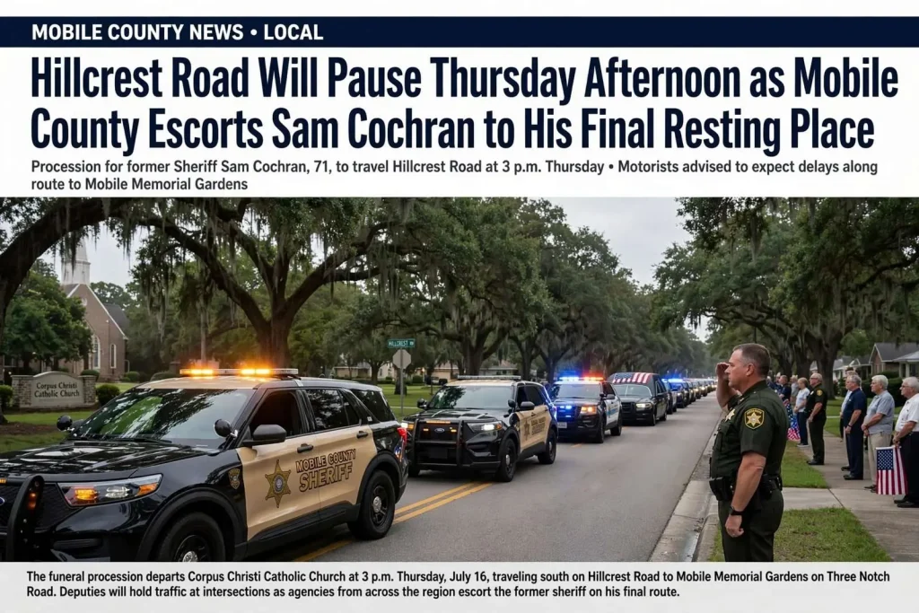 Illustration for the news story: Hillcrest Road Will Pause Thursday Afternoon as Mobile County Escorts Sam Cochran to His Final Resting Place