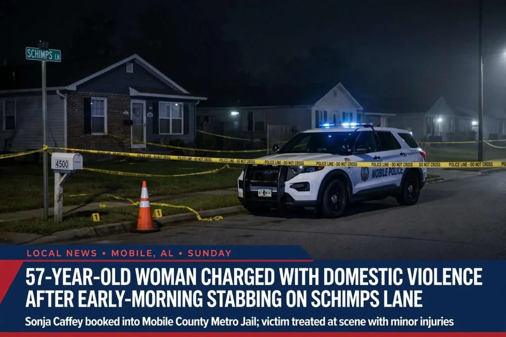 Illustration for the news story: 57-Year-Old Woman Charged With Domestic Violence After Early-Morning Stabbing on Schimps Lane