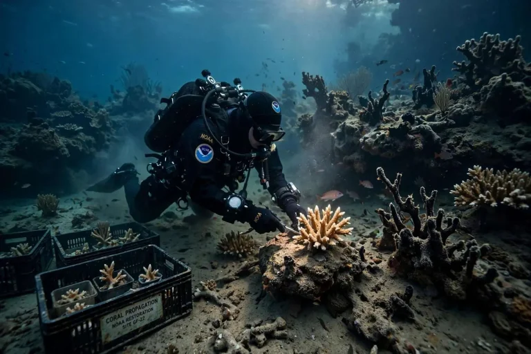 Illustration for the news story: Scientists Work to Restore Deep-Water Coral Habitats Damaged by 2010 Gulf Oil Spill