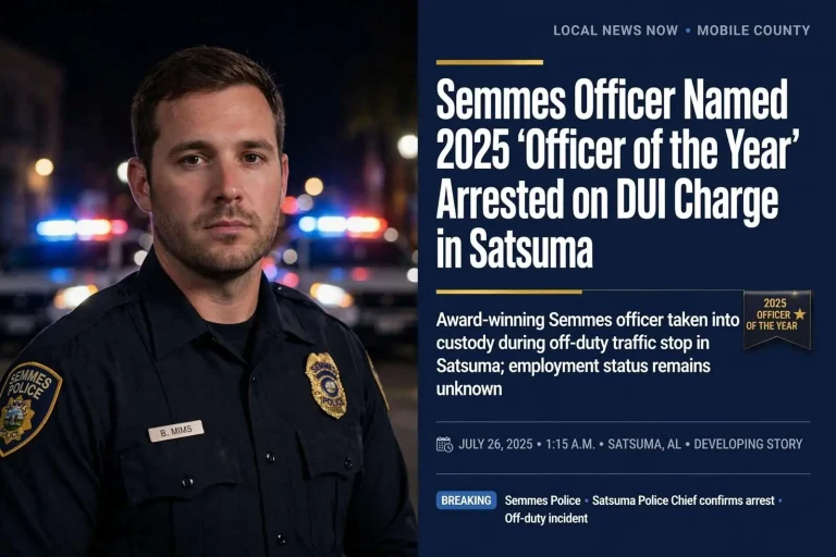 Illustration for the news story: Semmes Officer Named 2025 ‘Officer of the Year’ Arrested on DUI Charge in Satsuma