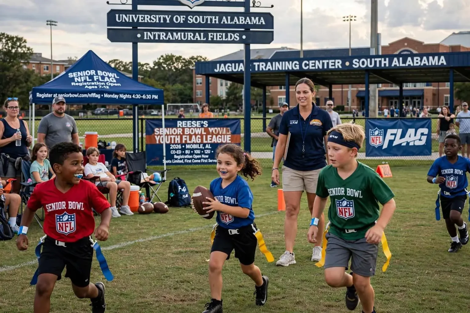 Illustration for the news story: Monday Nights on the South Alabama Intramural Fields: Senior Bowl Opens Its NFL FLAG Registration for Mobile Kids