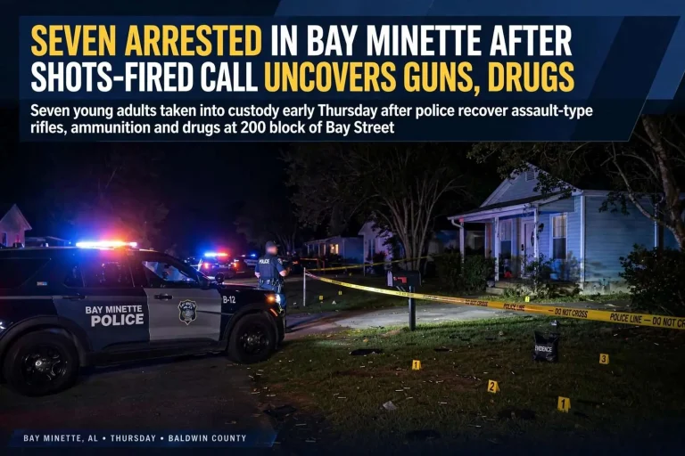 Illustration for the news story: Seven Arrested in Bay Minette After Shots-Fired Call Uncovers Guns, Drugs