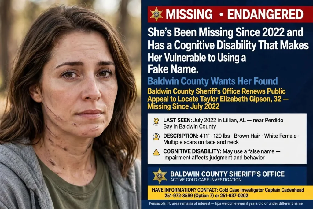 Illustration for the news story: She’s Been Missing Since 2022 and Has a Cognitive Disability That Makes Her Vulnerable to Using a Fake Name. Baldwin County Wants Her Found.