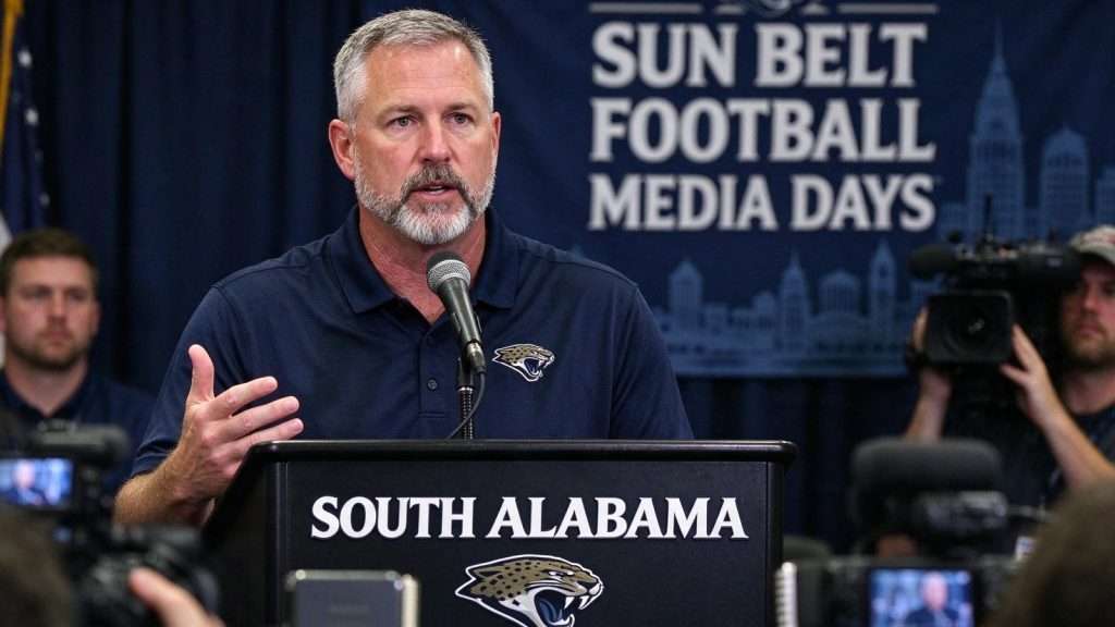 Illustration for the news story: South Alabama Coach Applewhite Previews Jaguars’ Upcoming Football Season