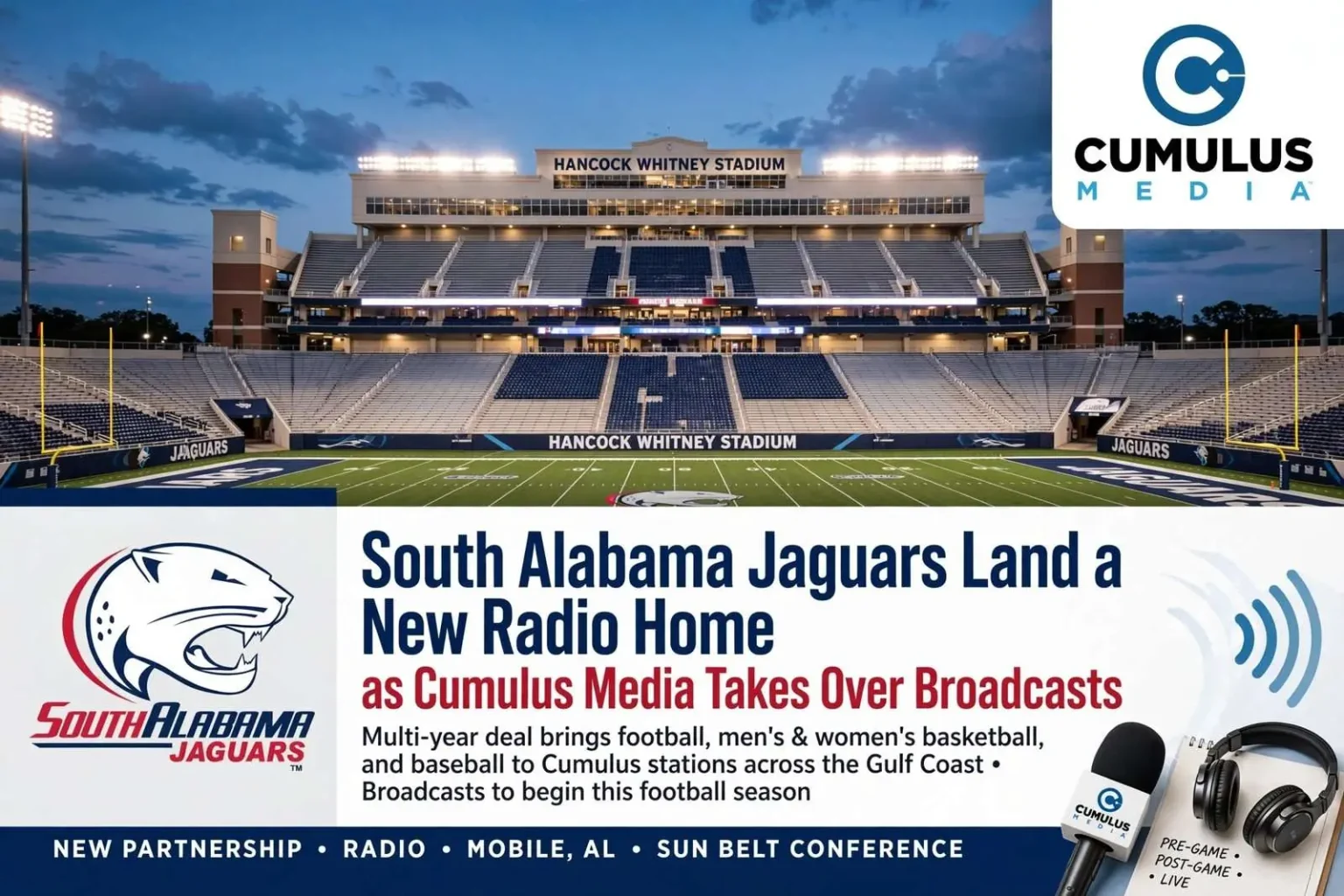 Illustration for the news story: South Alabama Jaguars Land a New Radio Home as Cumulus Takes Over Broadcasts