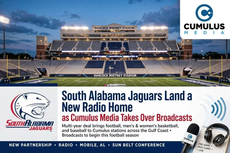 Illustration for the news story: South Alabama Jaguars Land a New Radio Home as Cumulus Takes Over Broadcasts