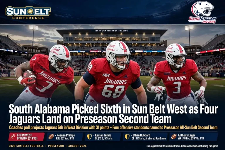 Illustration for the news story: South Alabama Picked Sixth in Sun Belt West as Four Jaguars Land on Preseason Second Team