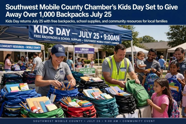 Illustration for the news story: Southwest Mobile County Chamber’s Kids Day Set to Give Away Over 1,000 Backpacks July 25
