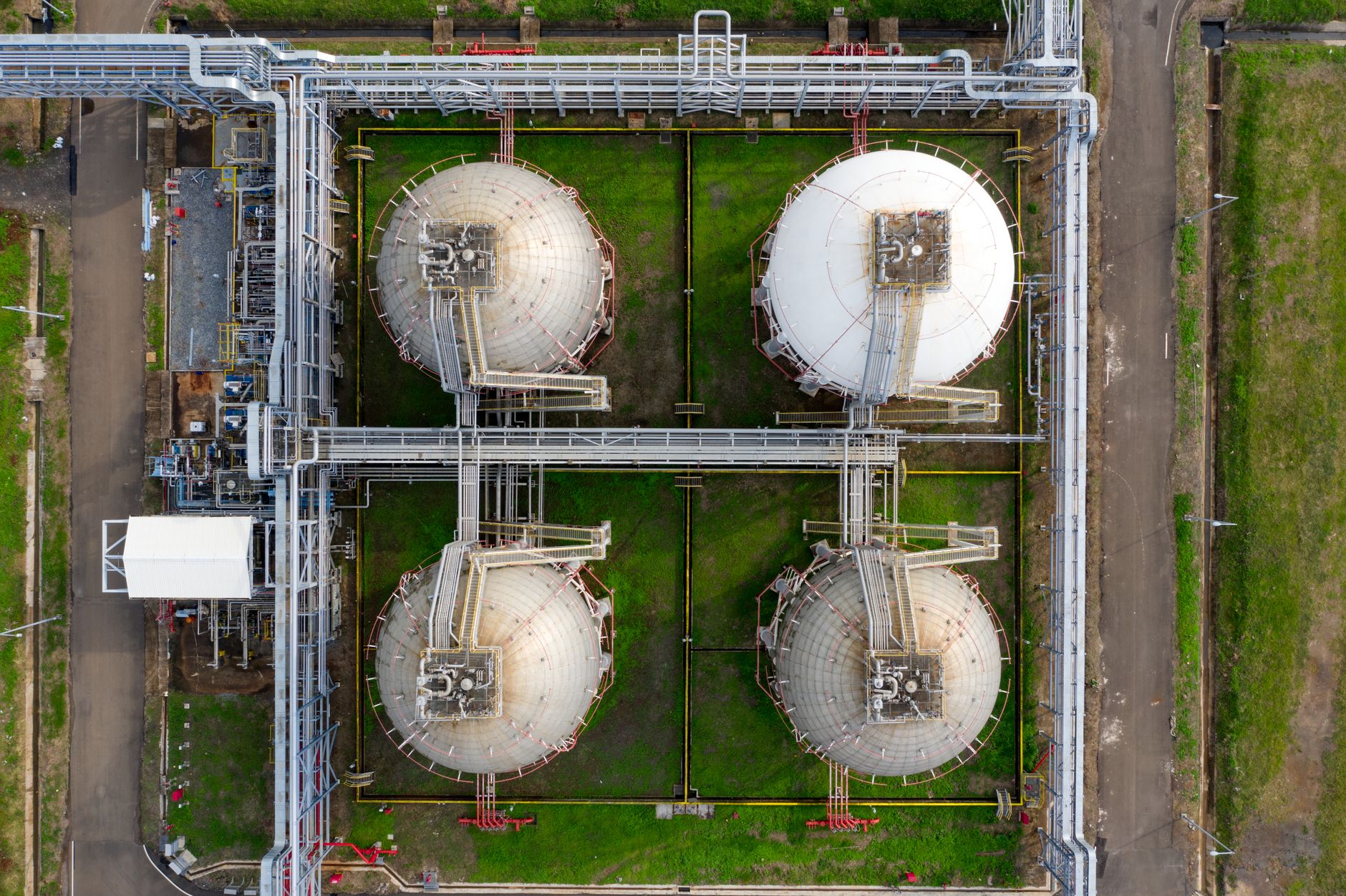 Pipes and tanks at a natural gas storage facility