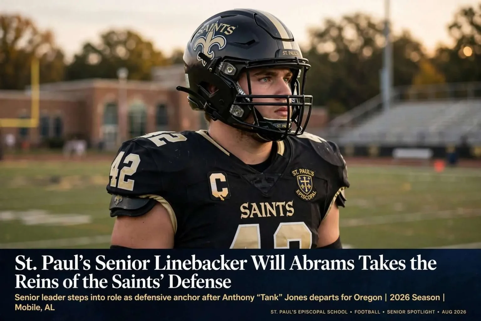 Illustration for the news story: St. Paul’s Senior Linebacker Will Abrams Takes the Reins of the Saints’ Defense