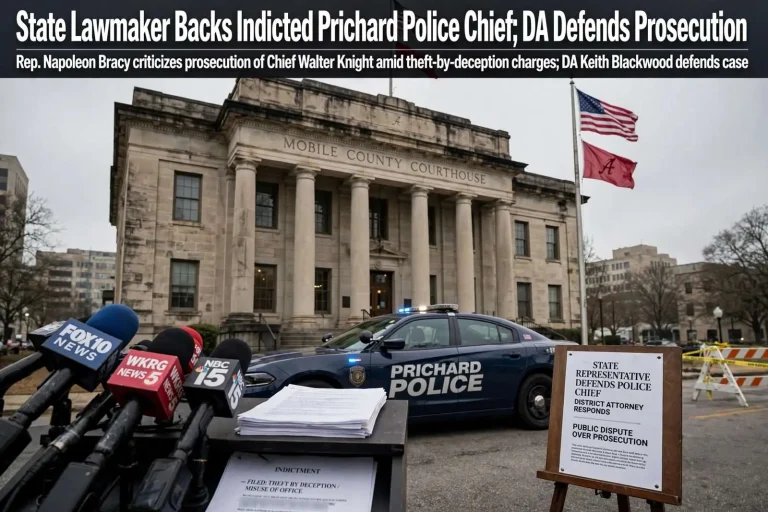 Illustration for the news story: State Lawmaker Backs Indicted Prichard Police Chief; DA Defends Prosecution
